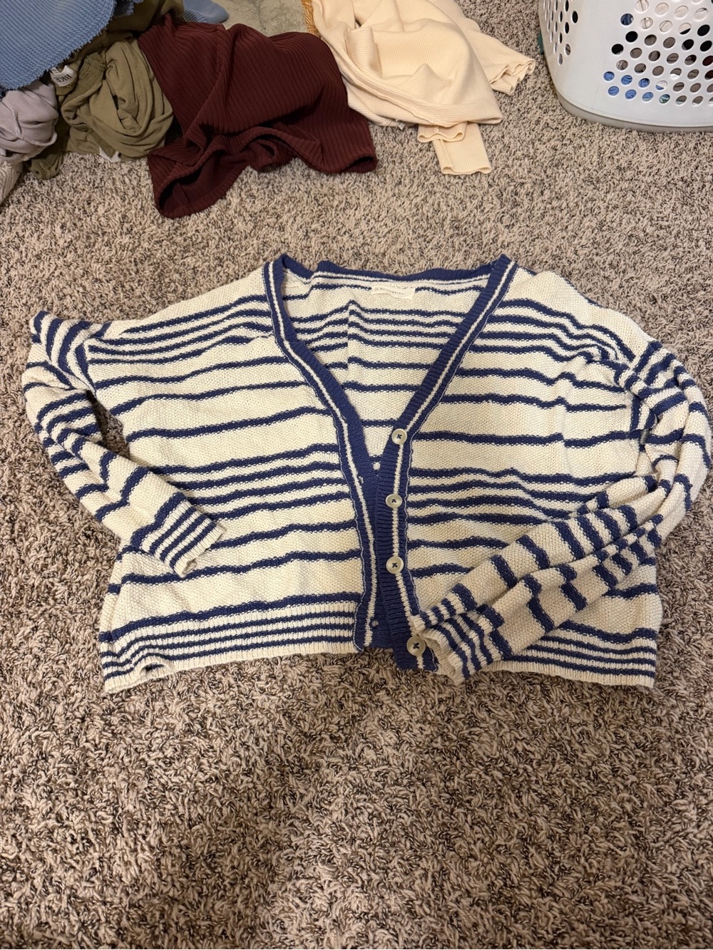 Striped V-Neck Button Front Women’s Sweater Cardigan - White & Navy